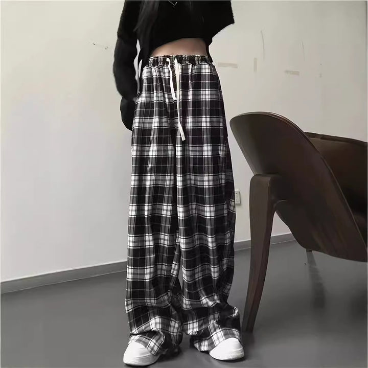 Damen weite Karohose mit elastischem Bund und Bindegürtel Drune