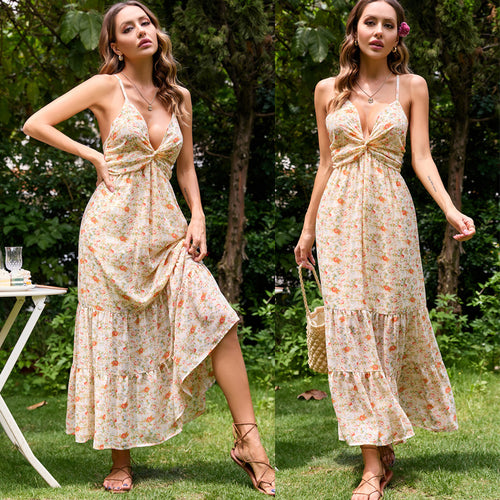 Damen Maxi-Kleid mit verführerischem V-Ausschnitt und fließendem Rock Drune