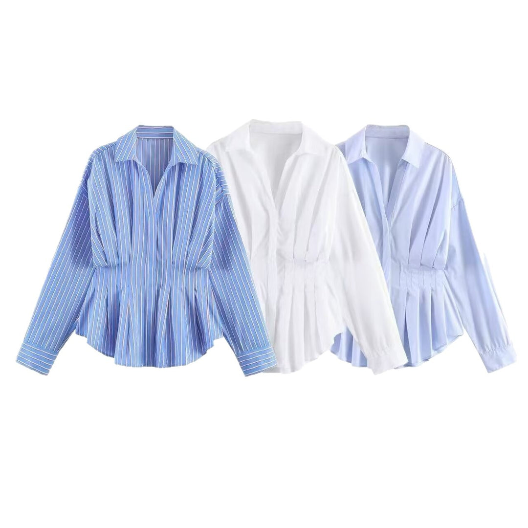 Damen taillierte Hemdbluse mit Kellerfalten‑Schößchen und Hemdkragen Drune