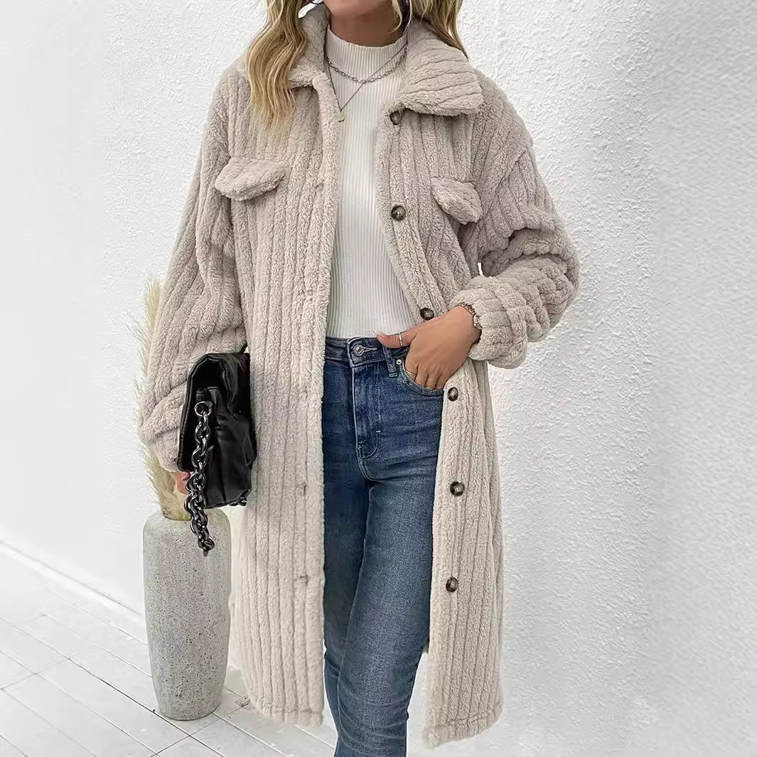 Damen nan langer Teddy-Mantel mit Schalkragen und aufgesetzten Brusttaschen Drune