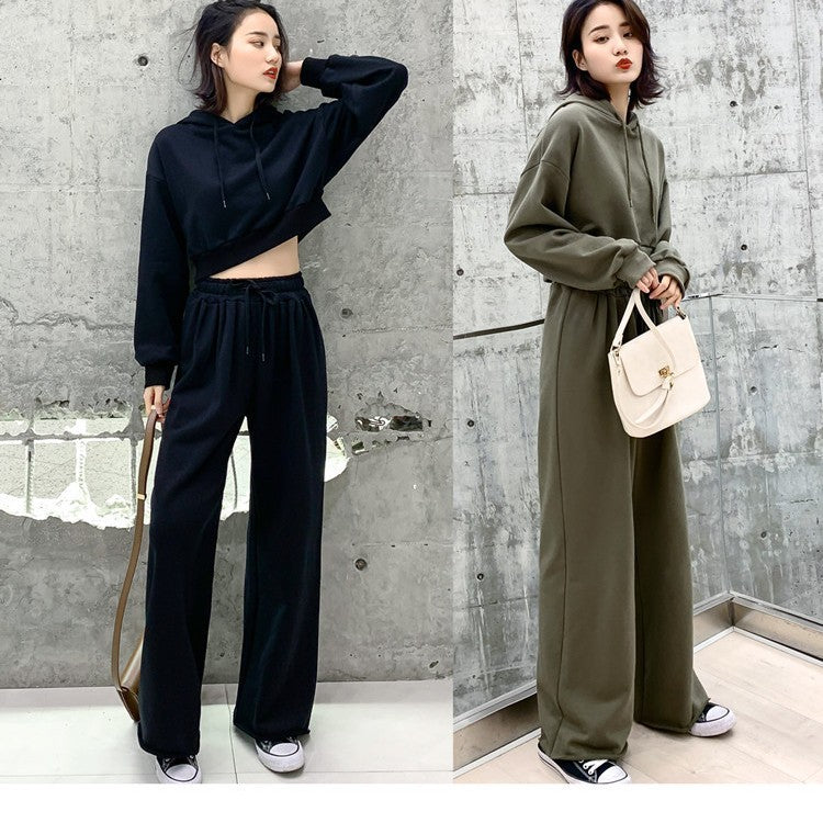 Damen modisches und lässiges Loungewear-Set mit cropped Kapuzenpullover und weiten Hosen Drune