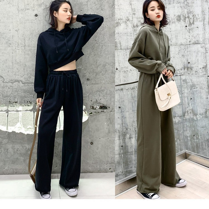 Damen modisches und lässiges Loungewear-Set mit cropped Kapuzenpullover und weiten Hosen Drune