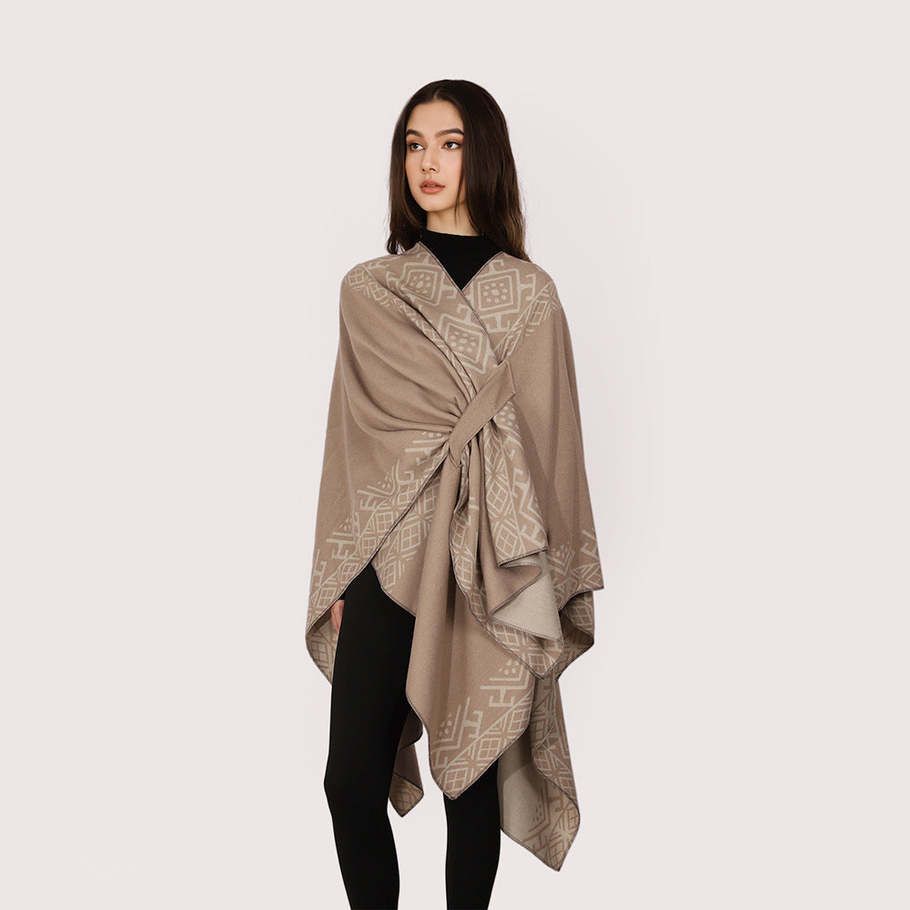 Damen Capeponcho mit Knotenverschluss, doppellagigem Jacquard und weichem Wollmix Drune