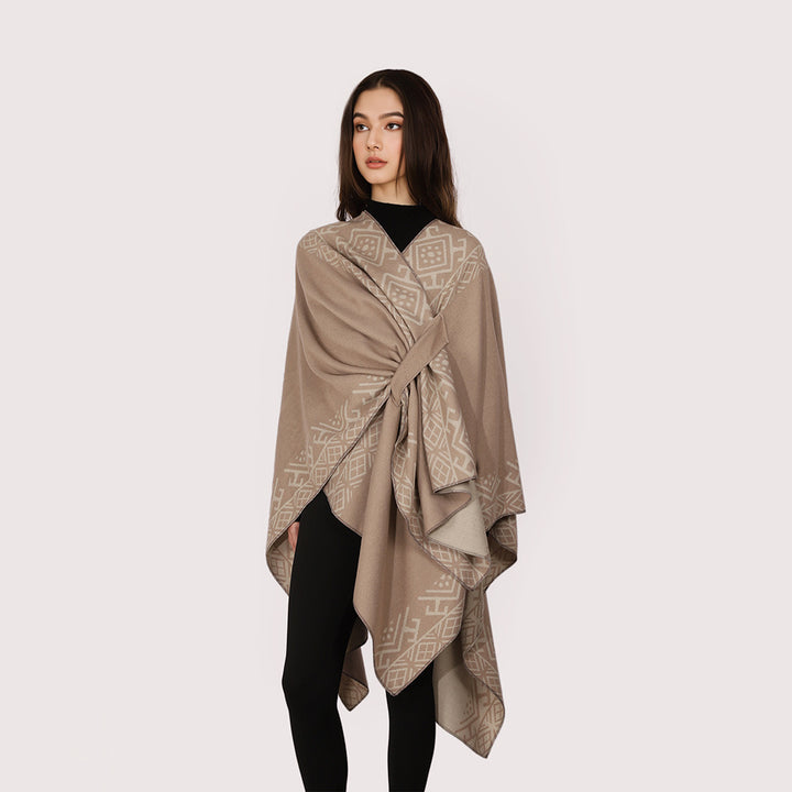 Damen Capeponcho mit Knotenverschluss, doppellagigem Jacquard und weichem Wollmix Drune