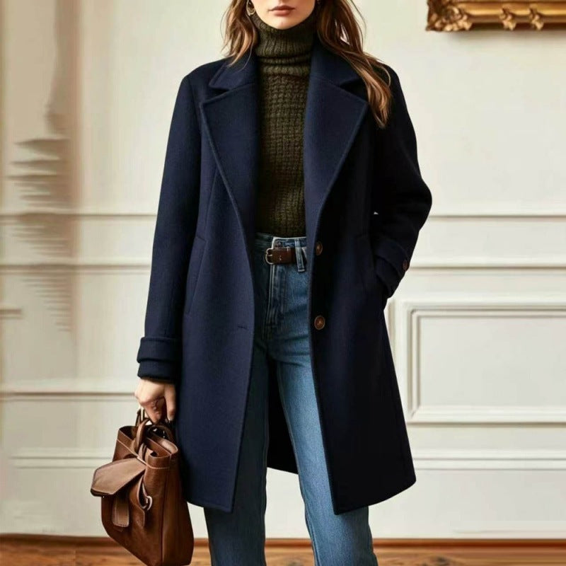 Damen Eleganter Wollmantel mit tailliertem Schnitt und Reverskragen Drune