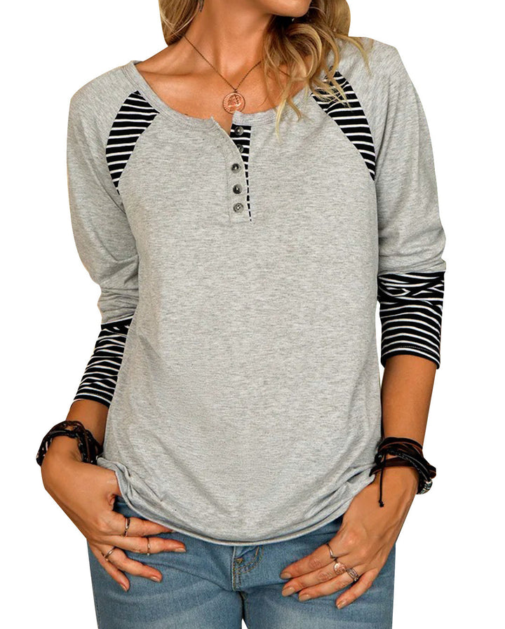 Damen Lässiges Raglan-Henley-Shirt mit Knopfleiste und gestreiften Ärmelbündchen Drune