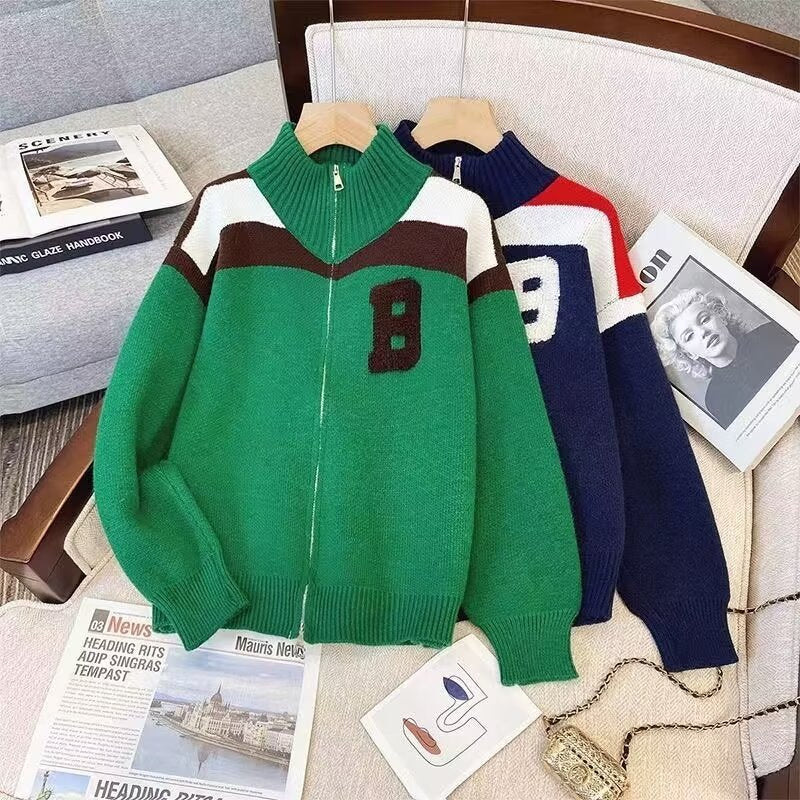 Damen Sportlicher Stehkragen-Strickpullover mit Reißverschluss und kontrastierenden Details Drune