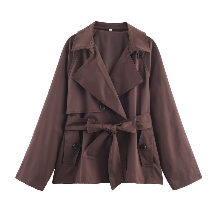 Damen Gekürzte Taillengürtel-Trenchjacke mit breitem Revers und Pattentaschen Drune