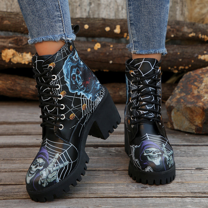 Damen Schnürstiefel mit Halloween-Motiv und robustem Blockabsatz Drune