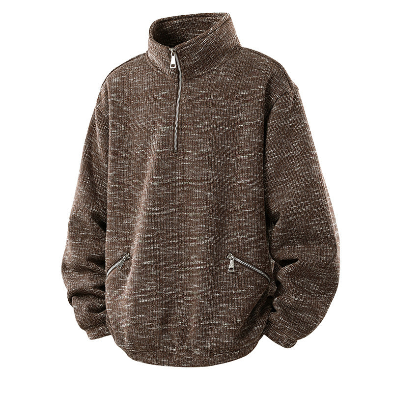 Herren Oversize Strickoptik Half-Zip Pullover mit Stehkragen und Reißverschlusstaschen Drune