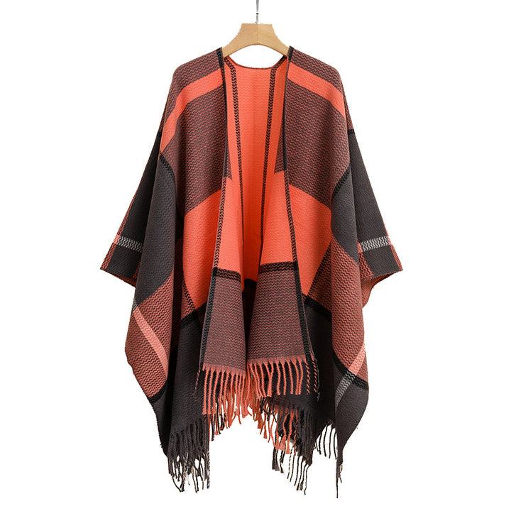 Damen Oversize-Capeponcho aus strukturierter Strickmischung mit V‑Ausschnitt, Karomuster und Fransen Drune