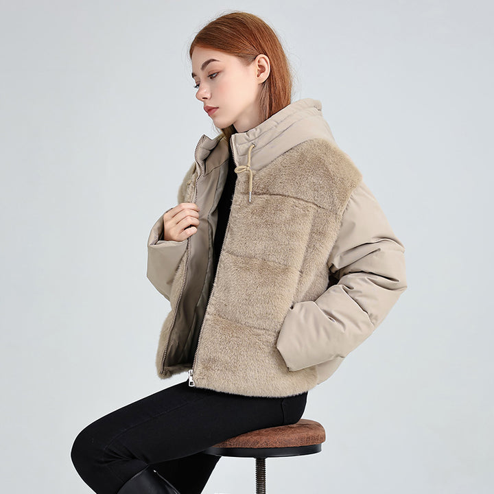 Damen Kurze Hybrid-Winterjacke mit samtiger Kunstfellfront und Kapuzenkragen Drune