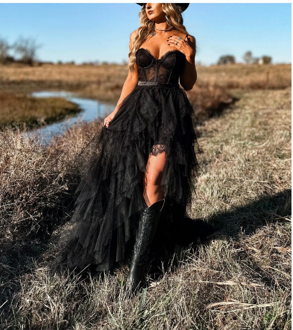 Damen Maxikleid mit voluminösen Rüschenschichten und transparentem Oberteil Drune