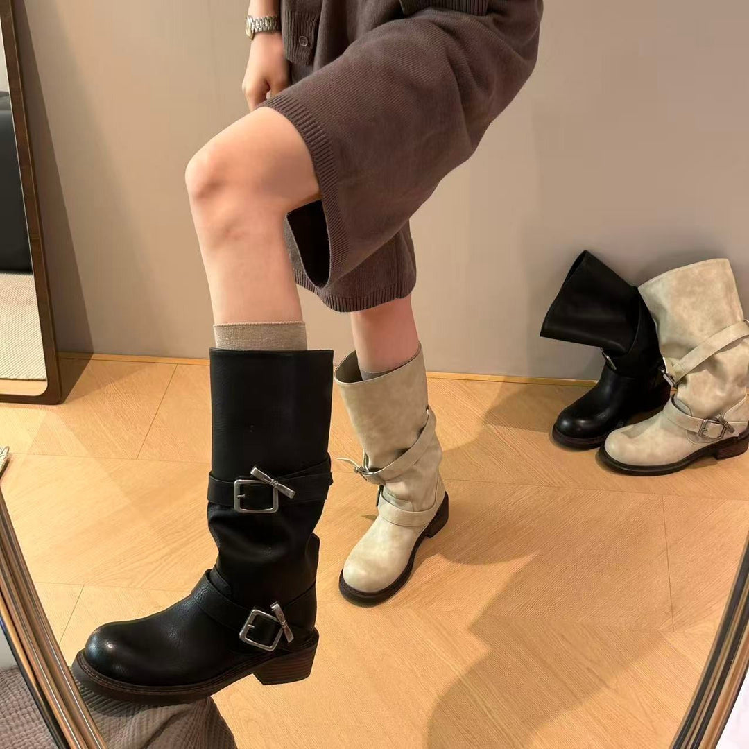 Damen modische Stiefel mit verstellbaren Riemen und komfortablem Blockabsatz Drune