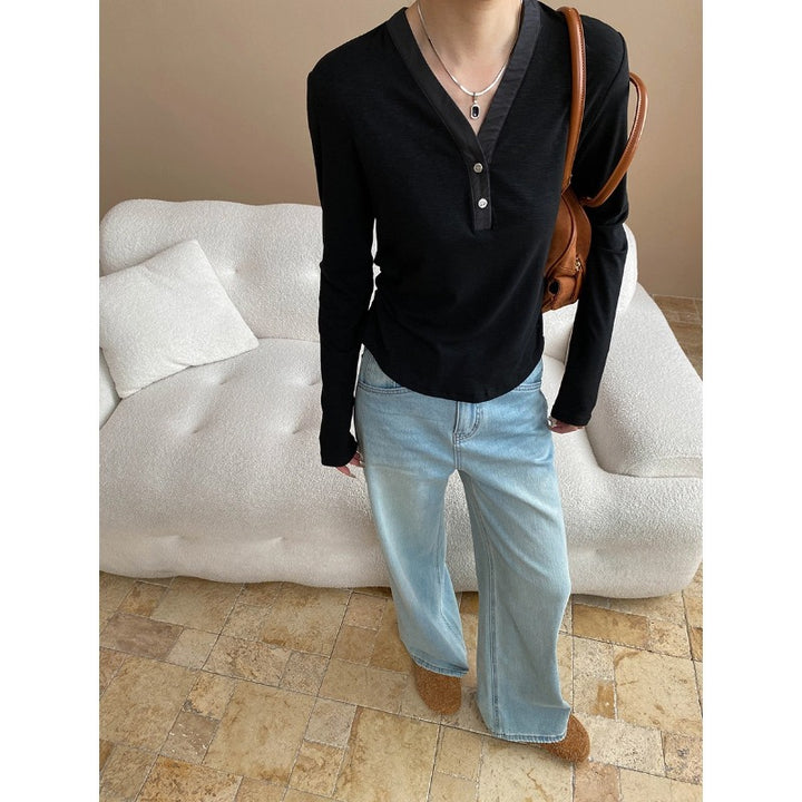 Damen Langarm-Henley-Shirt mit Knopfleiste und lockerem Schnitt Drune