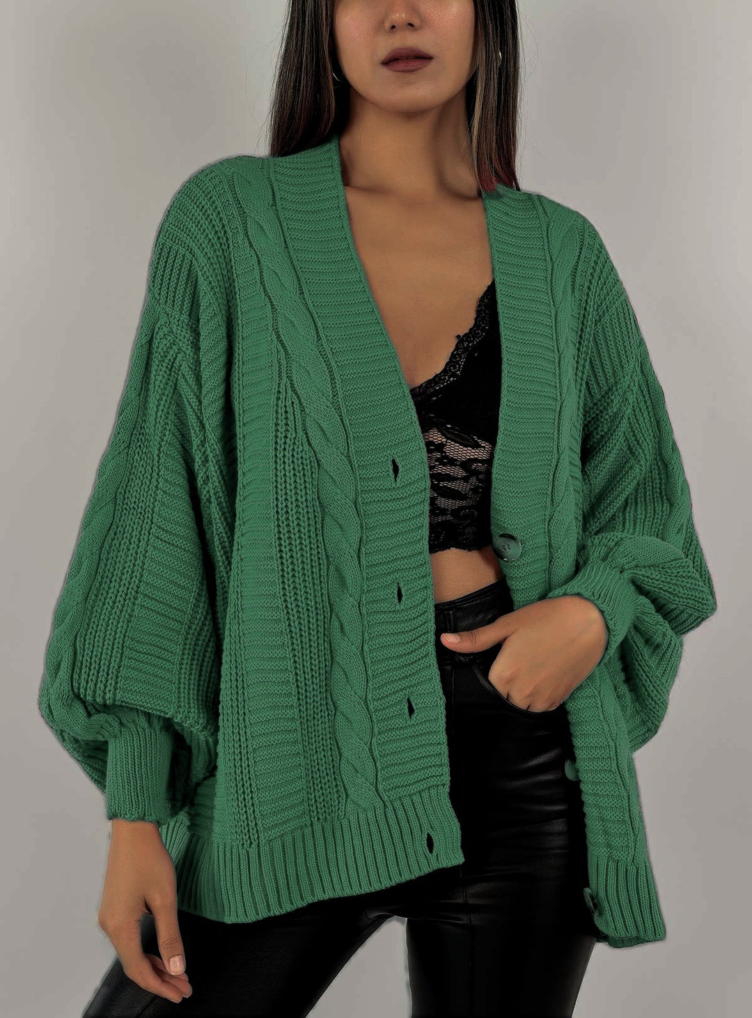Damen Grobstrick-Cardigan mit großen Knopfdetails und voluminösen Ärmeln Drune