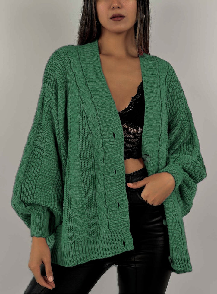 Damen Grobstrick-Cardigan mit großen Knopfdetails und voluminösen Ärmeln Drune