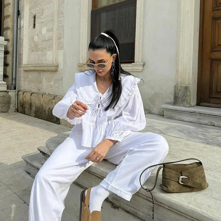 Damen verspielte Bluse mit Rüschensaum und oversized Kragen Drune