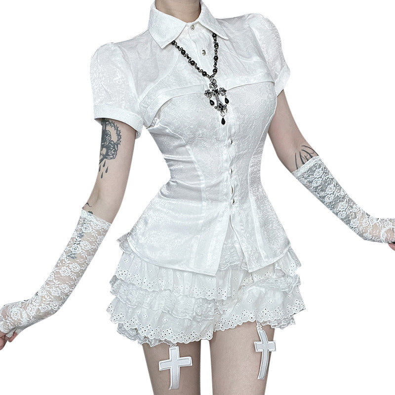 Damen Korsettbluse mit Rüschenschnitt und hochgeschlossenem Design Drune