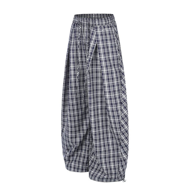 Damen Weite Harem-Ballonhose mit elastischem Bund, Kordelzug und Karomuster Drune