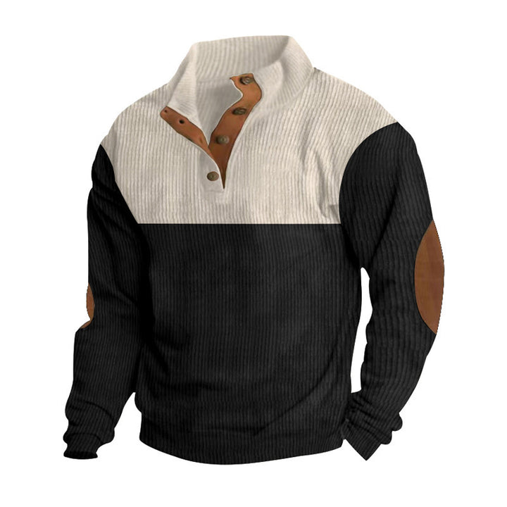 Herren nan grober Rippstrick-Pullover mit Stehkragen, Knopfleiste und markanten Ellenbogenpatches Drune
