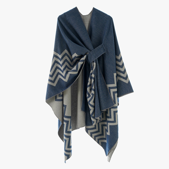 Damen Wollmix-Capeponcho mit Bindegürtel und grafischem Zickzackmuster Drune