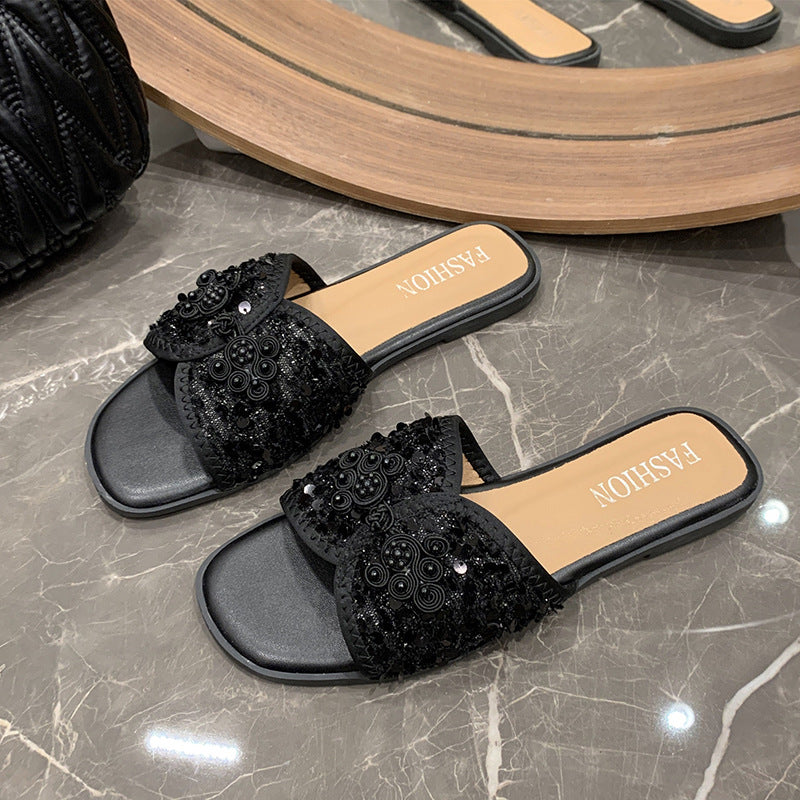 Damen nan elegante Mule mit quadratischer Zehenpartie Bouclé-Obermaterial und Perlenverzierung Drune