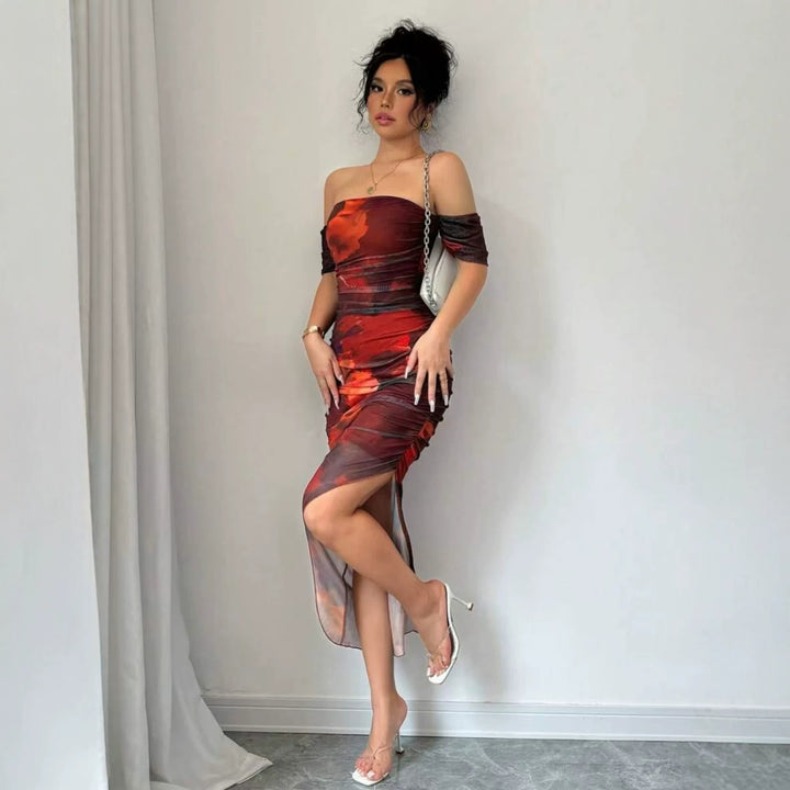 Damen elegantes Off-Shoulder Kleid mit raffinierten Rüschen Drune