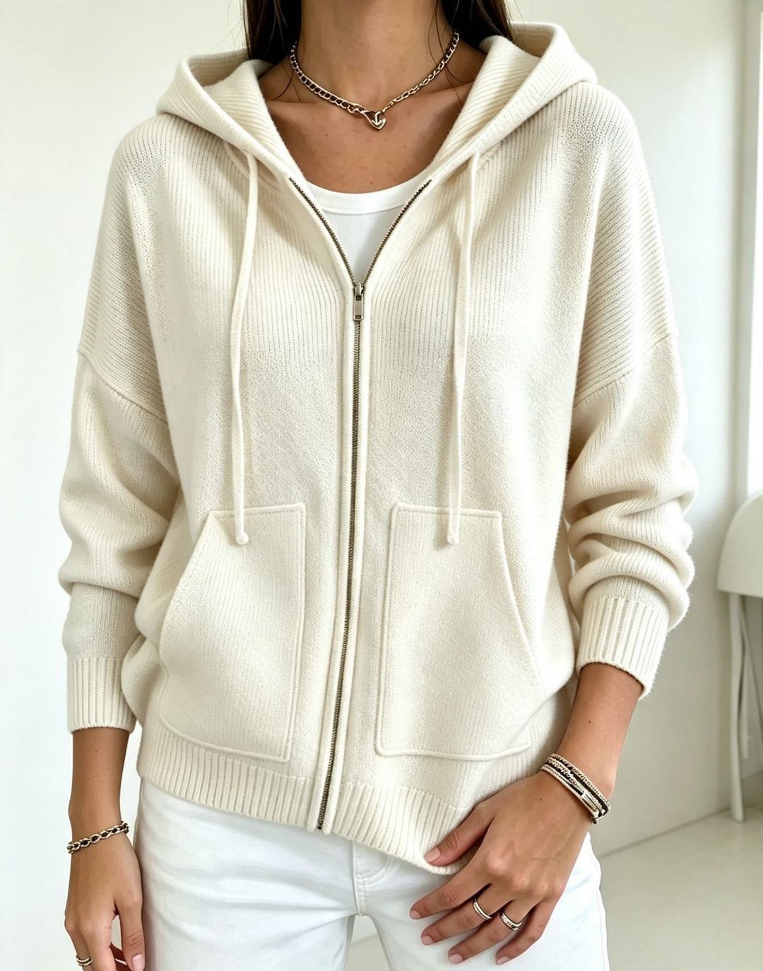 Damen Kapuzen-Wollmix Zip-Cardigan mit kastiger Passform und Kängurutaschen Drune