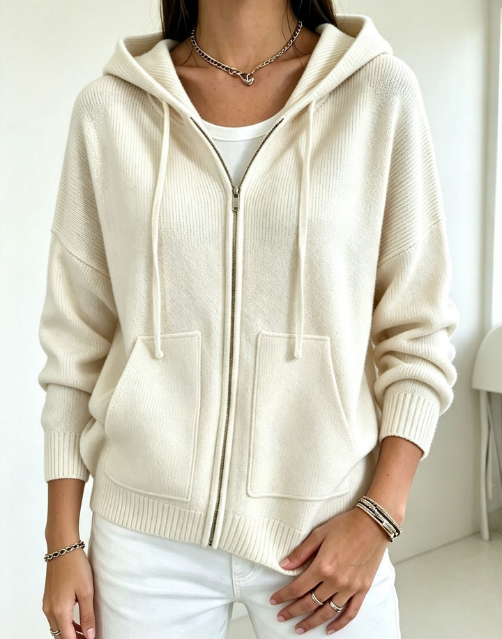 Damen Kapuzen-Wollmix Zip-Cardigan mit kastiger Passform und Kängurutaschen Drune