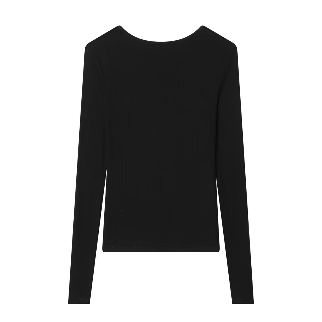 Damen Feines Rippstruktur-Longsleeve mit tiefem V‑Ausschnitt, breiter Spitzenblende und Zierband Drune