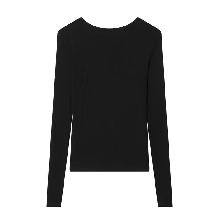 Damen Feines Rippstruktur-Longsleeve mit tiefem V‑Ausschnitt, breiter Spitzenblende und Zierband Drune
