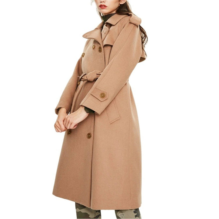 Damen Midilanger Doppelreihiger Wollmix‑Trenchcoat mit Epauletten und Taillengürtel Drune