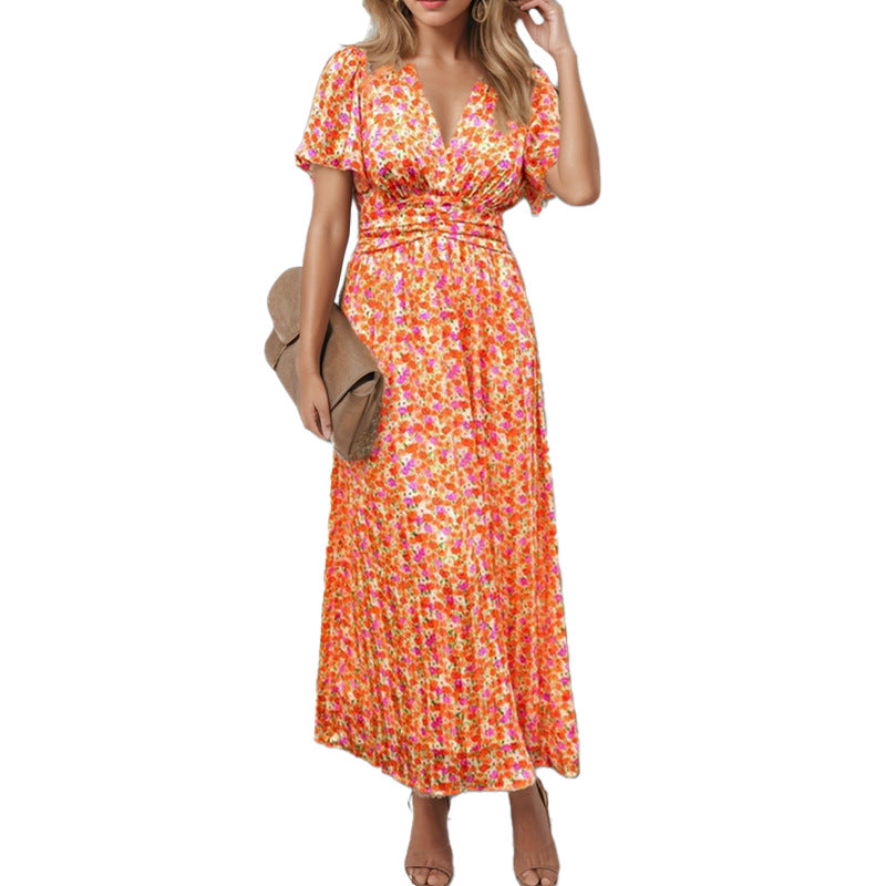 Damen Fließendes Maxikleid mit floralem Design und V-Ausschnitt Drune