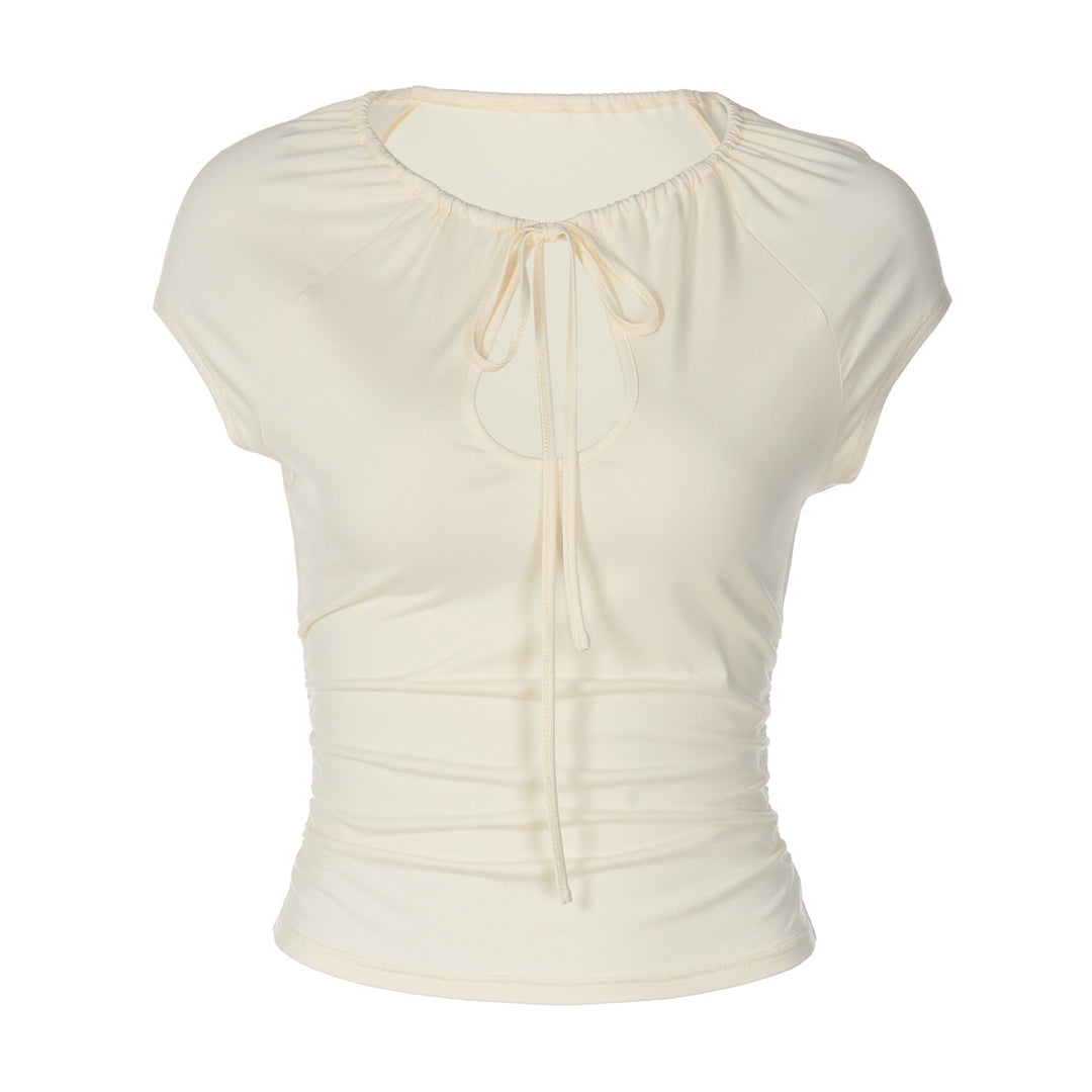 Damen figurbetontes Kurzarmshirt mit Dekolleté und Raffung Drune