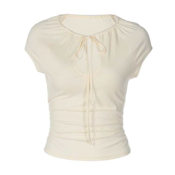 Damen figurbetontes Kurzarmshirt mit Dekolleté und Raffung Drune