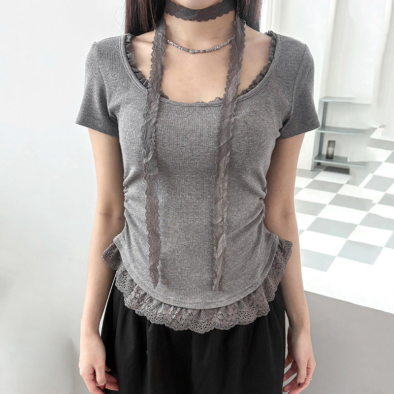 Damen feines Rüschenshirt mit Spaghettiträgern und zartem Spitzenbesatz Drune