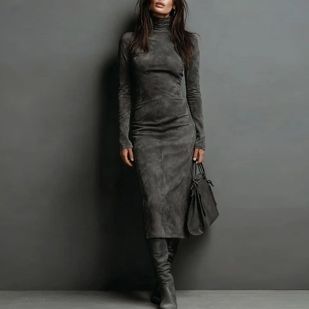 Damen Tailliertes Midi Kleid im Samt-Look mit Rollkragen und maßgeschneiderter Silhouette Drune
