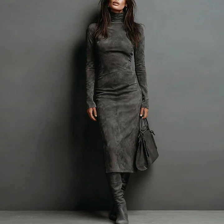 Damen Tailliertes Midi Kleid im Samt-Look mit Rollkragen und maßgeschneiderter Silhouette Drune