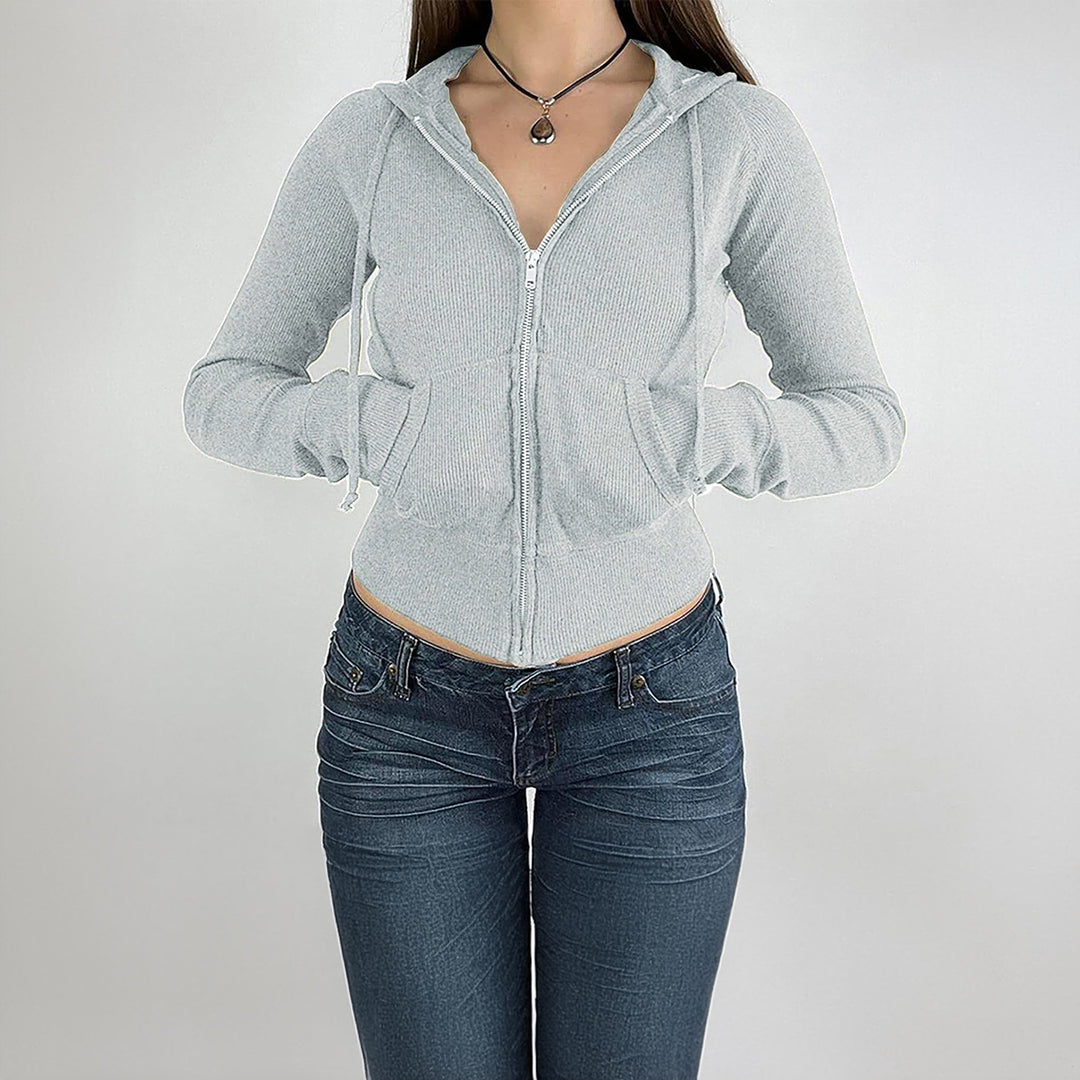 Damen nan schmal geschnittene Feinstrick-Hoodiejacke mit Metallzipper, Kängurutaschen und Daumenlochbündchen Drune