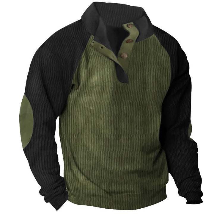 Herren Strukturiertes Raglan-Henley-Pullover mit Stehkragen, Ellenbogenpatches & Knopfleiste Drune