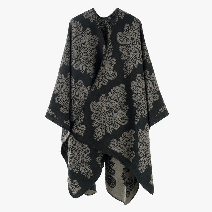 Damen Wollmix-Capeponcho mit beidseitigem Jacquard‑Paisley und kontrastierter Rollkante Drune