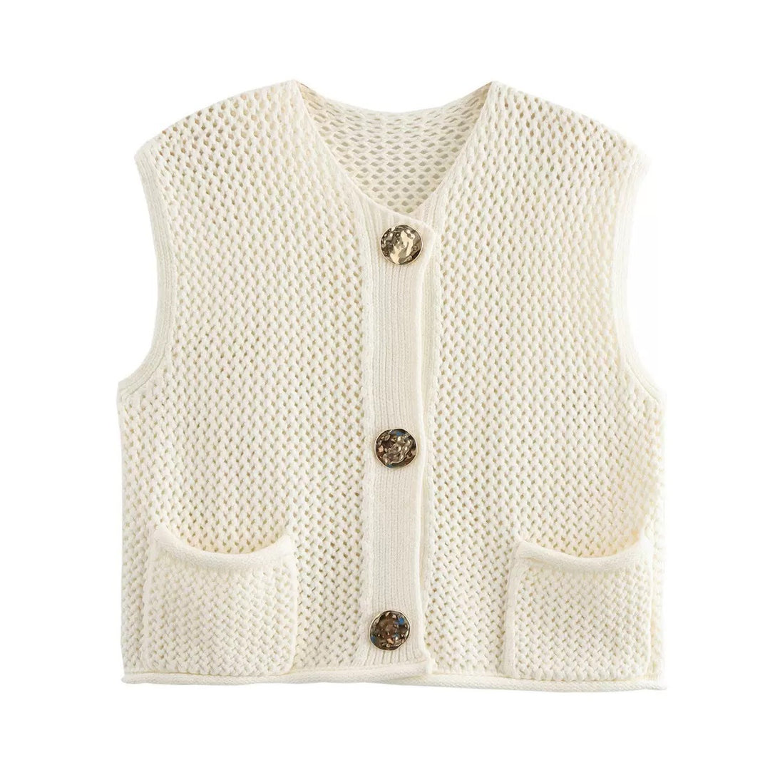 Damen gehäkelte Strickweste mit großen Zierknöpfen und Aufsatztaschen Drune