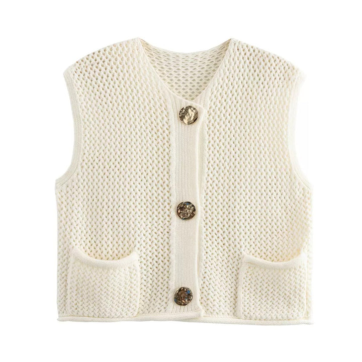 Damen gehäkelte Strickweste mit großen Zierknöpfen und Aufsatztaschen Drune