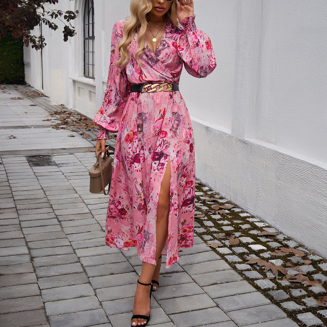 Damen nan Wickelmidikleid mit V-Ausschnitt, Ballonärmeln und taillierendem Gürtel Drune