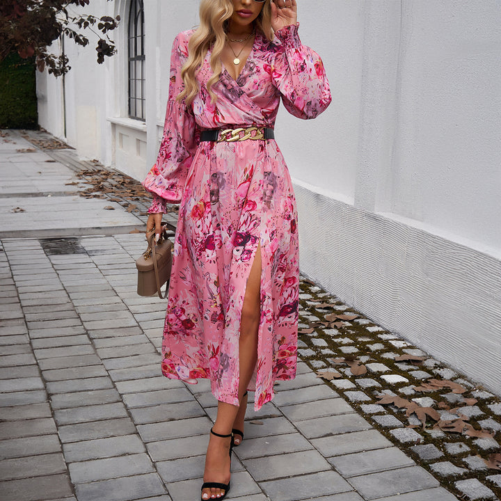 Damen nan Wickelmidikleid mit V-Ausschnitt, Ballonärmeln und taillierendem Gürtel Drune