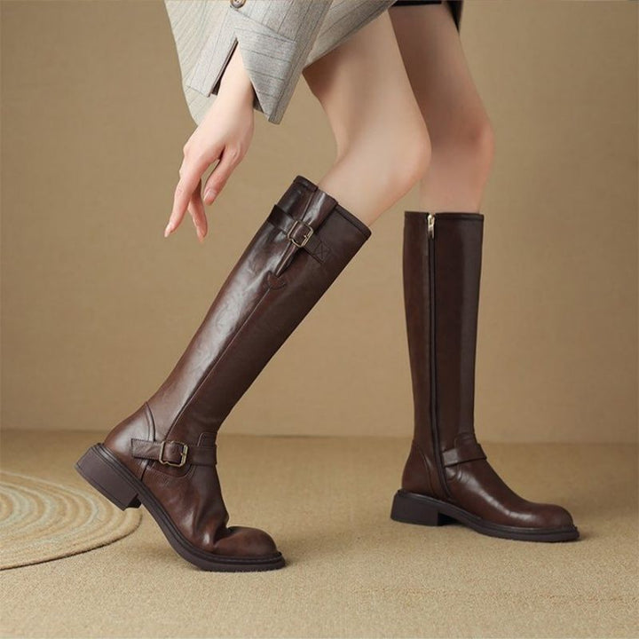 Damen Kniehohe Combat‑Stiefel mit glatter Lederoptik, seitlichem Reißverschluss und Deko‑Schnallen Drune