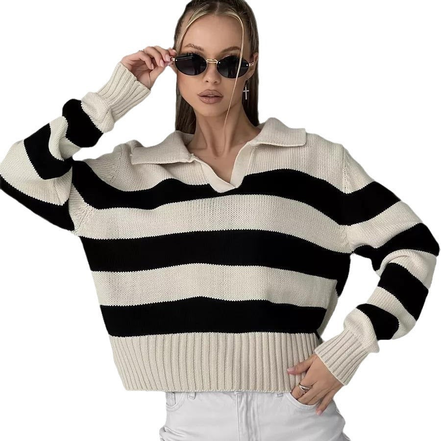 Damen sportlicher Pullover mit Streifenmuster und Kragen Drune
