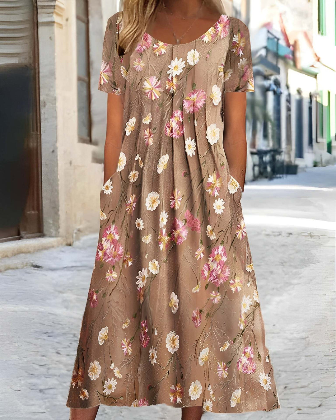 Damen nan Blumenswing-Midikleid mit Rundhalsausschnitt, Eingrifftaschen und strukturierter Crêpe-Qualität Drune
