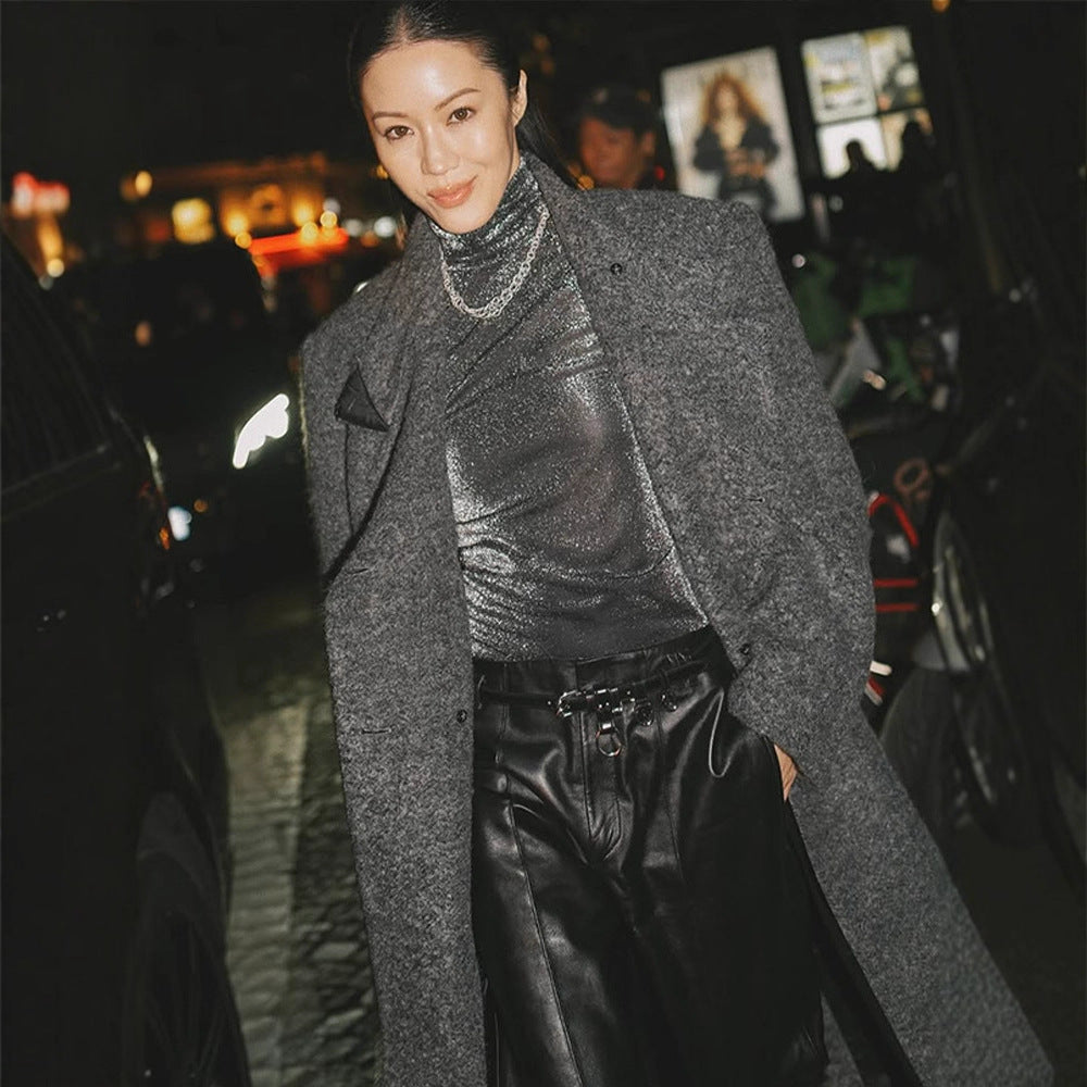 Damen Maxilanger Oversize-Wollmix-Mantel doppelreihig mit kastiger Silhouette und aufgesetzten Pattentaschen Drune